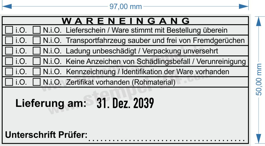 Wareneingangstempel Kennzeichnung für Zertifikate