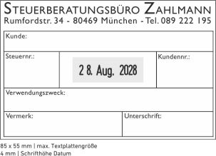 Muster Trodat Professioal 54110 Stempel Trodat Professional 54110 mit Datum verstellbar individuell gestalten Abdruckgrösse 85 x 55 mm